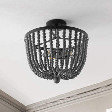 Drift Wood Bead 16" Bohemian Farmhouse Iron LED Semi Flush Mount - JONATHAN Y